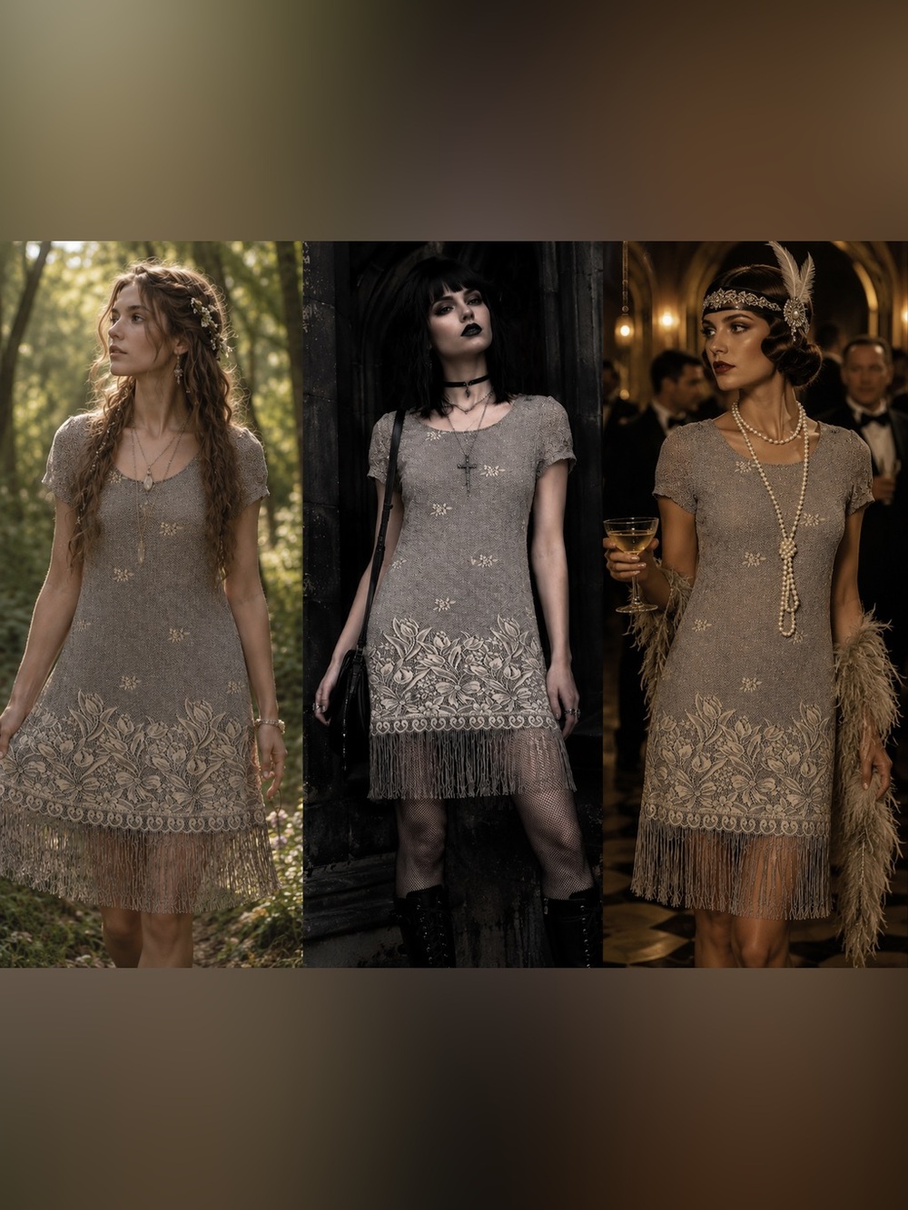 Vintage Beige Lave Overlay Fringe Hem Dress Flapper Fairy Goth y2k